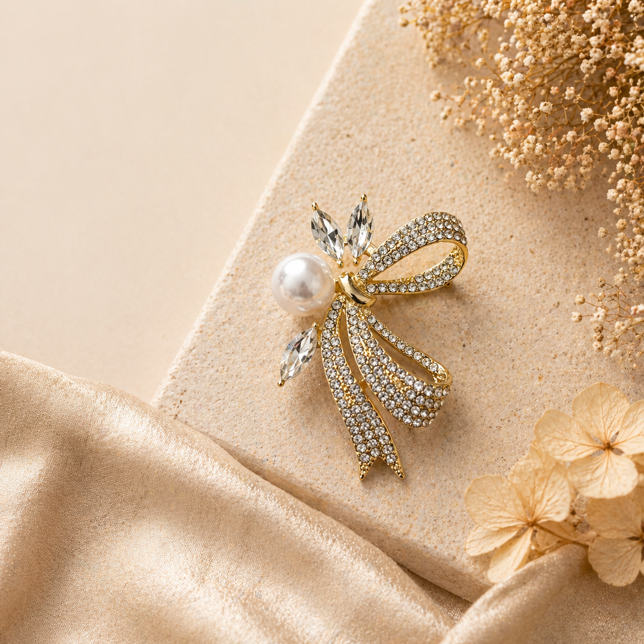 Brož mašle s perlou a kamínky – zlatá8